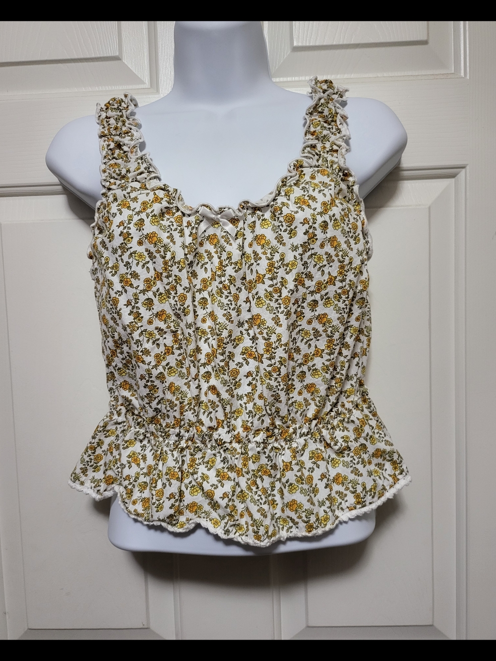 Floral Ruffle Peplum Tank Top - White with Mustard Floral